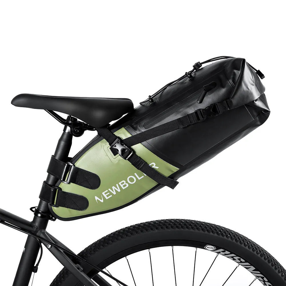 Waterproof black PVC bicycle tail bag with 13L capacity mounted on a bike.
