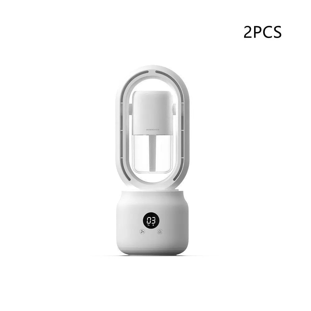 White bladeless USB rechargeable table fan with water tank and digital controls on a desk
