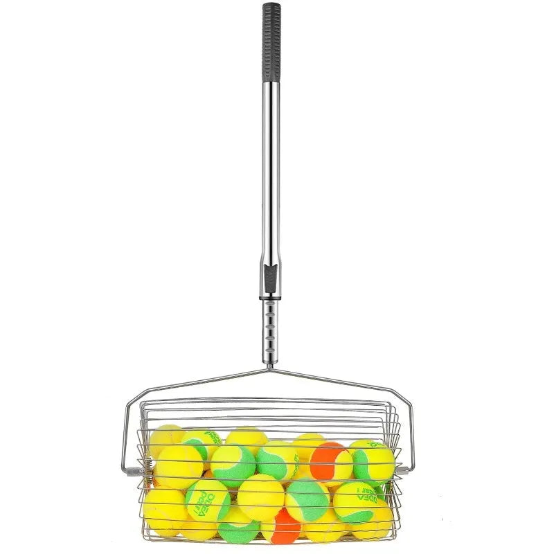 Stainless steel tennis ball roller picker with adjustable head on tennis court