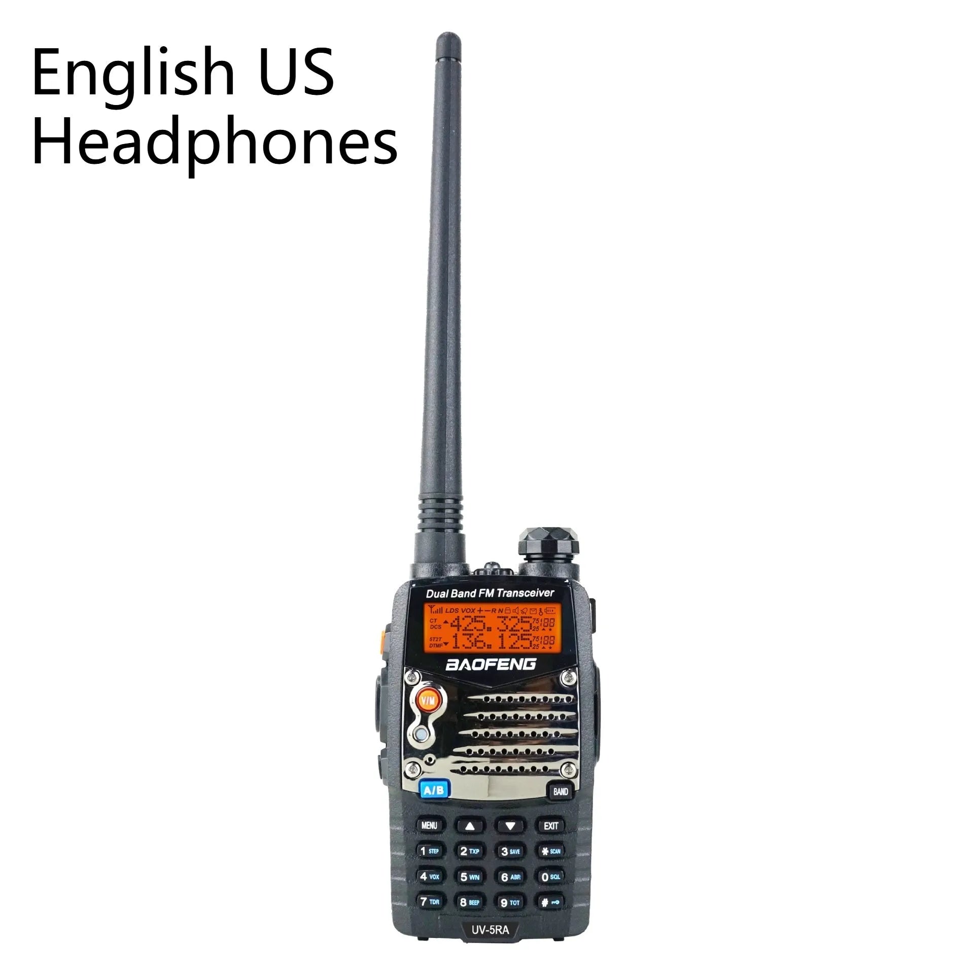 Baofeng UV-5RA black dual band walkie-talkie with dual display and antenna.