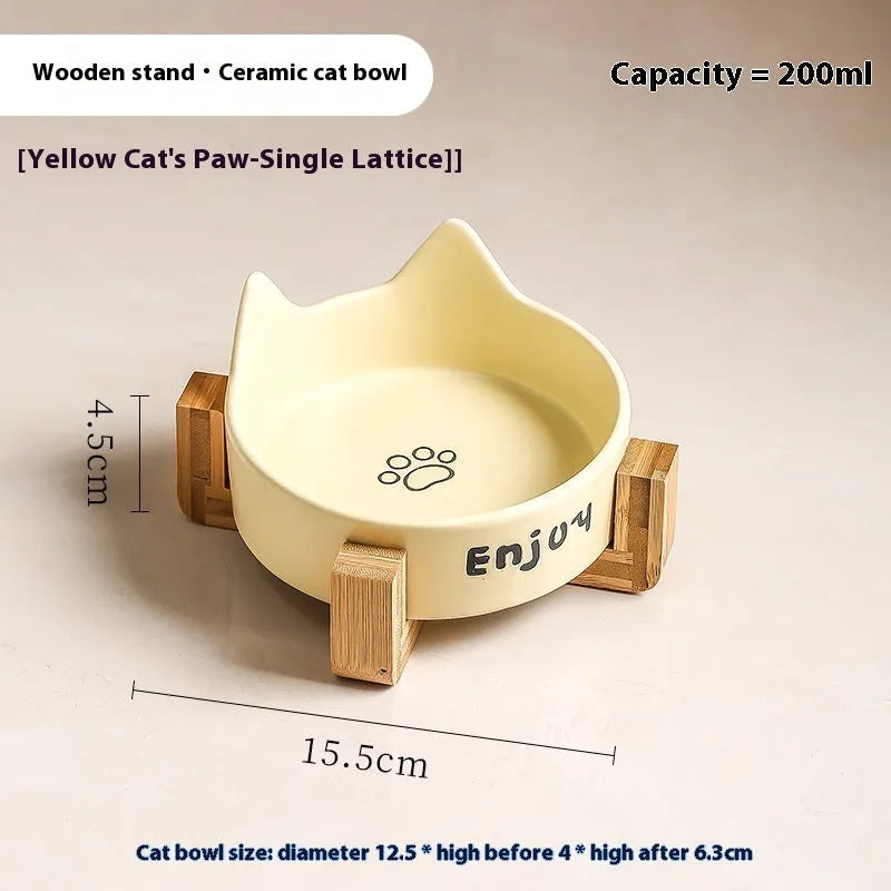 Porcelain cat food and water bowl set with wooden anti-tumble frame in various colours