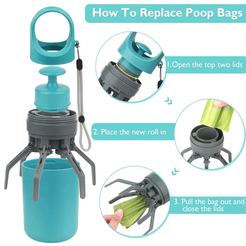 Blue portable dog pooper scooper with claw mechanism and built-in bag dispenser