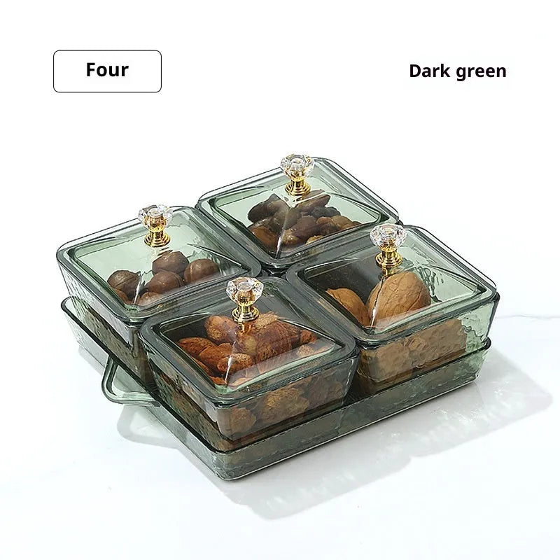 Plastic dried fruit snack tray with three, four or six grid compartments in amber or dark green