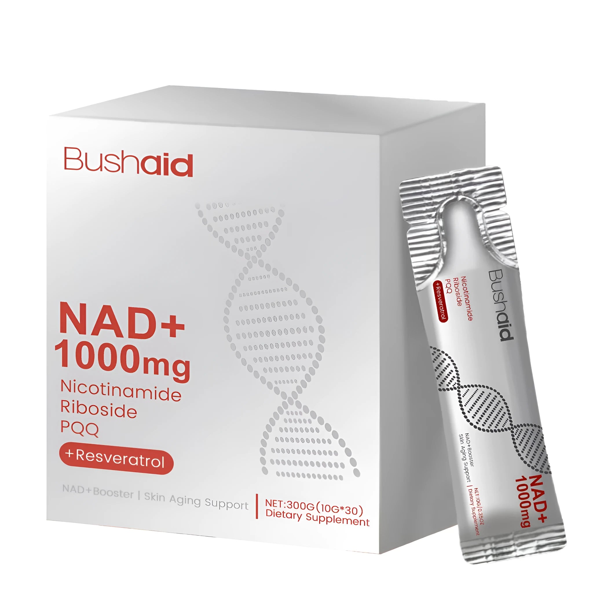 Two-bottle pack of an anti-ageing dietary supplement drink containing nicotinamide riboside and resveratrol.