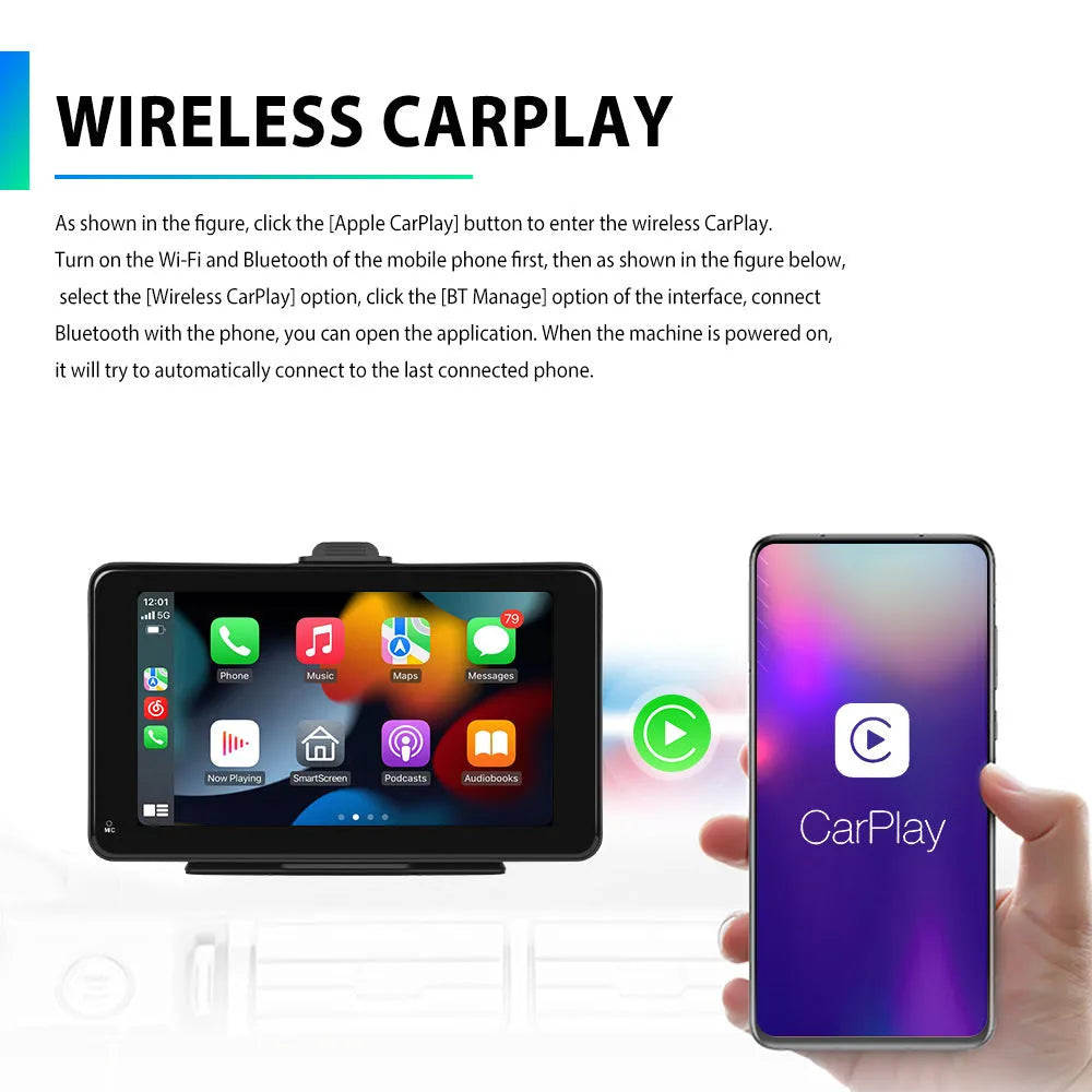 7-inch HD wired car audio video player screen with universal mounting supports and cigarette lighter plug.