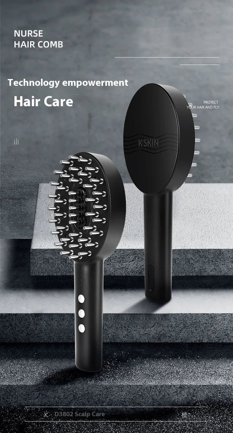 Black handheld scalp massager device with vibration settings for hair care therapy