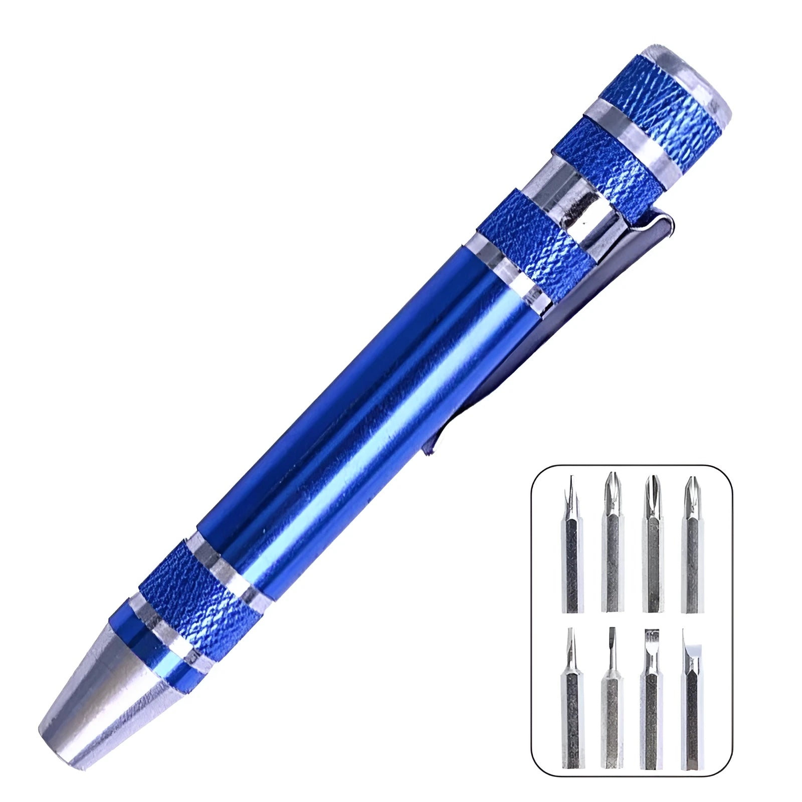 8-in-1 aluminium alloy pen-type screwdriver set with multiple coloured handles and chrome vanadium steel bits