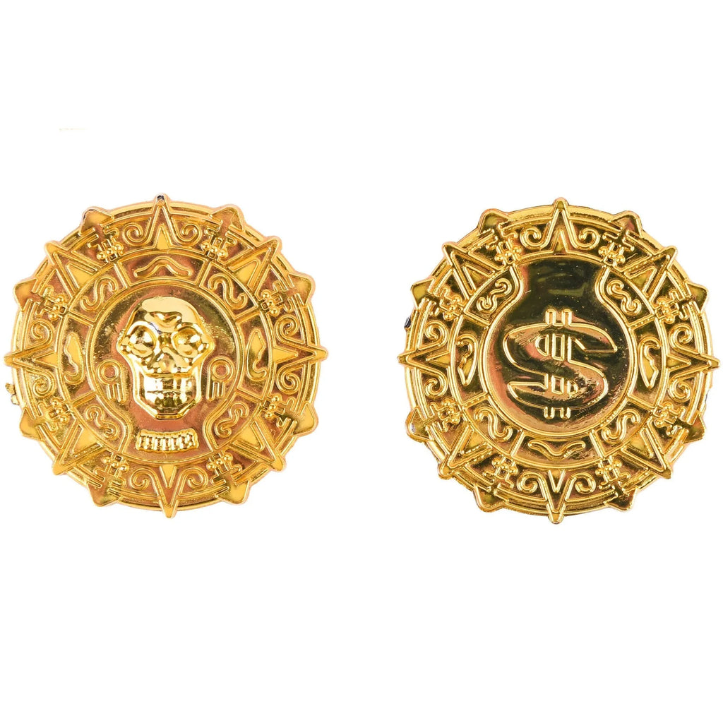 Gold plastic pirate coin with pointed edges measuring 3.6cm diameter for Halloween costumes