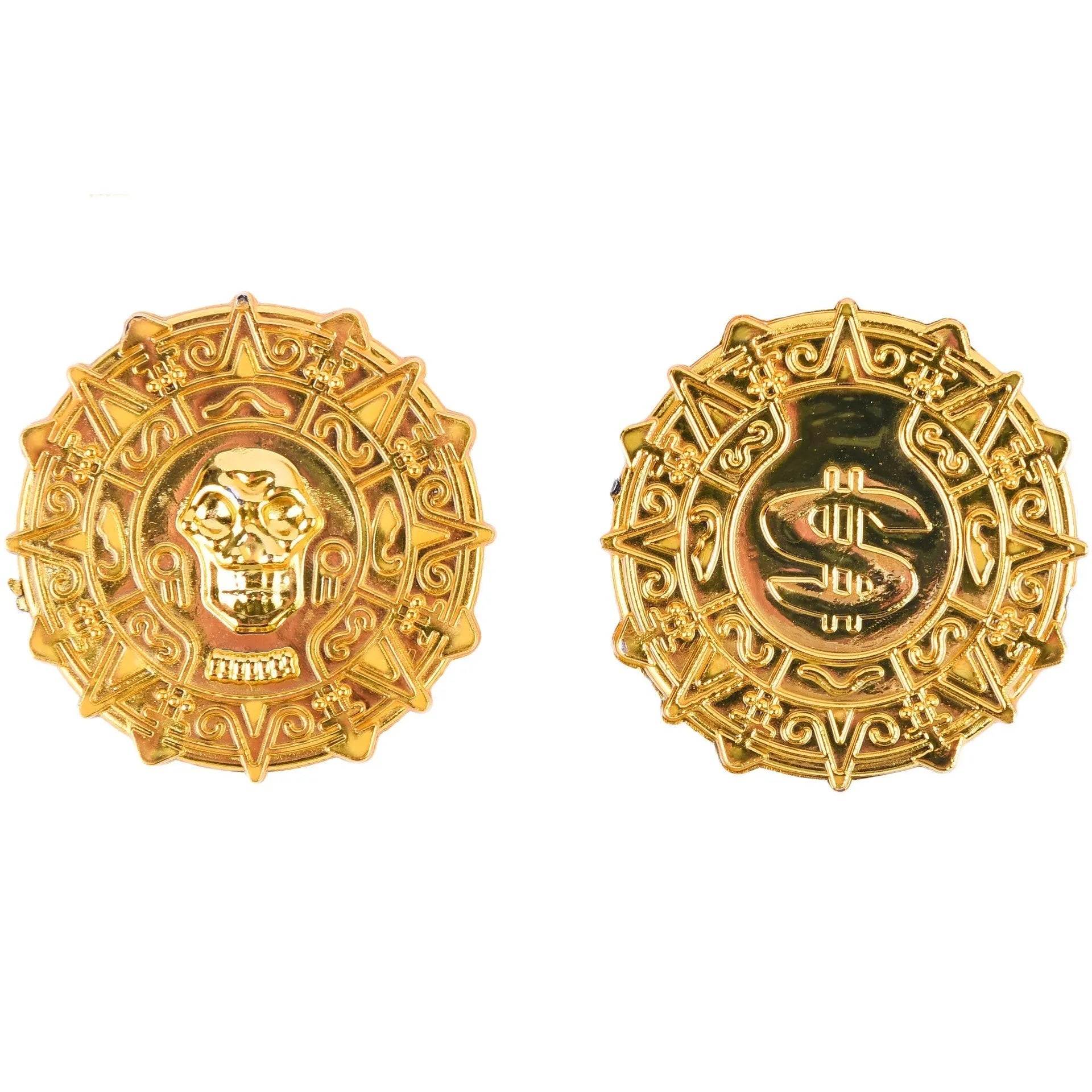 Gold plastic pirate coin with pointed edges measuring 3.6cm diameter for Halloween costumes