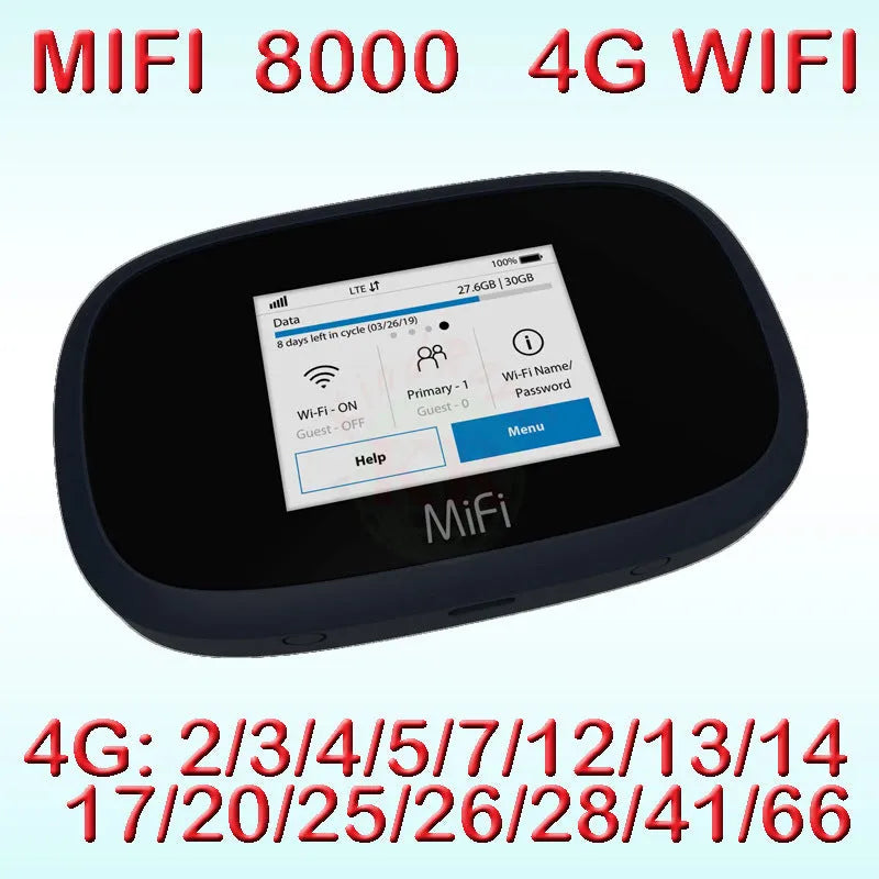 Black mifi8000 dual-core 4G portable wireless router with battery and data cable.