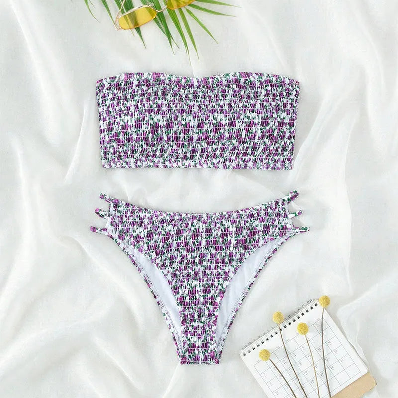 Women's strapless floral swimsuit with high-waisted briefs in multiple colour patterns