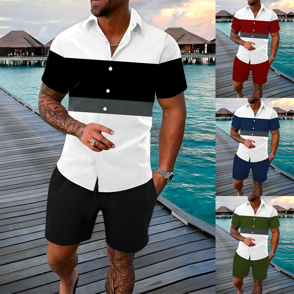Men's summer cardigan shirt outfit with printed pattern and matching pants on a plain background
