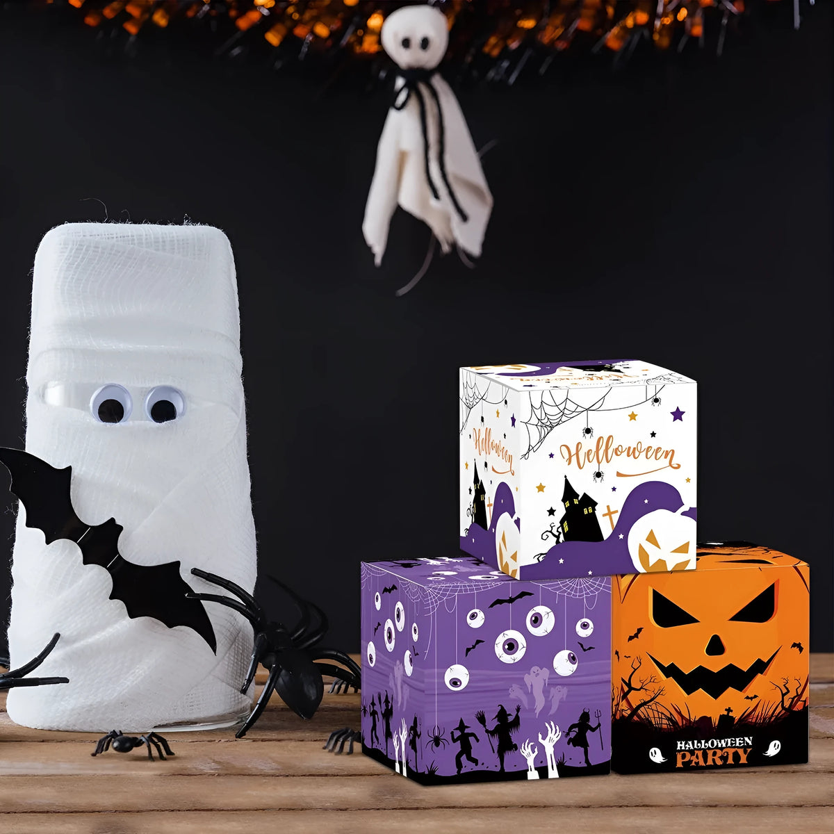 Halloween three-dimensional paper boxes for candy and snack packaging in five styles and set sizes of 3, 6, 12 or 18 pieces