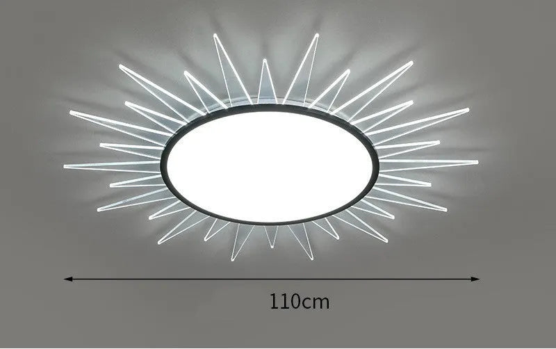 Round aluminium LED ceiling lamp with remote control for dimmable white and tricolour lighting.