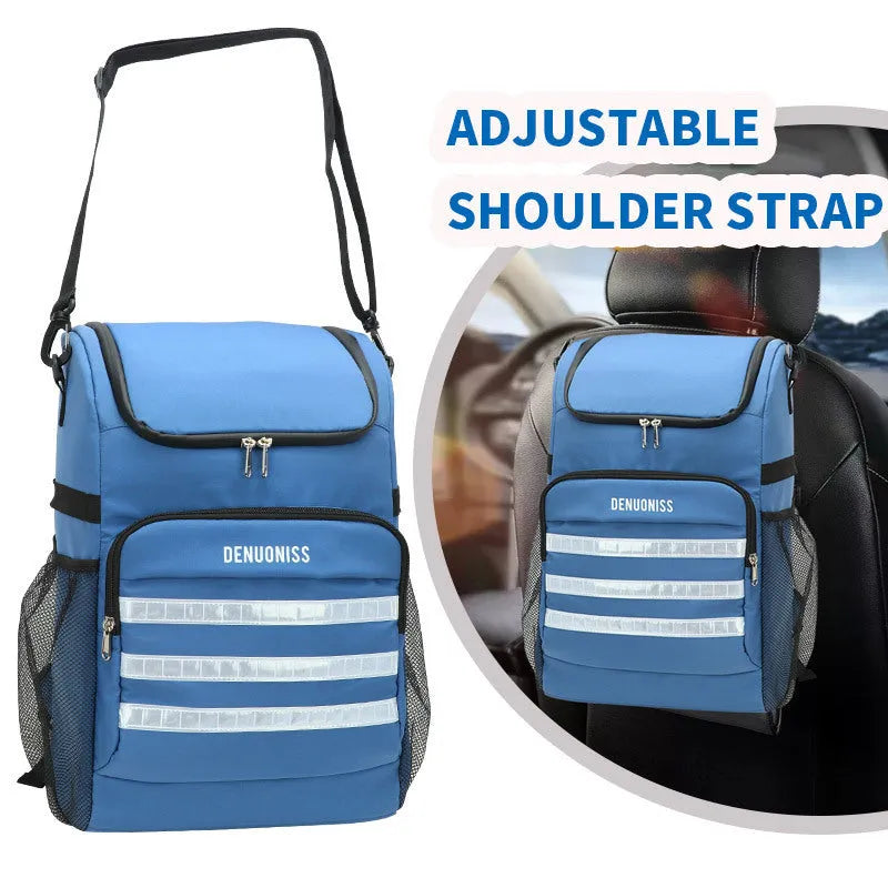 Insulated 20 litre backpack with a shoulder strap mounted bottle opener in black, blue, pink, or red.