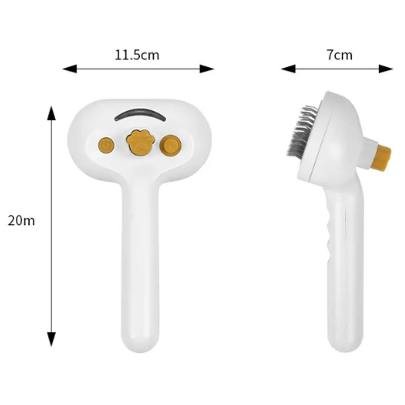 White pet grooming brush with water tank and steel teeth for dogs and cats
