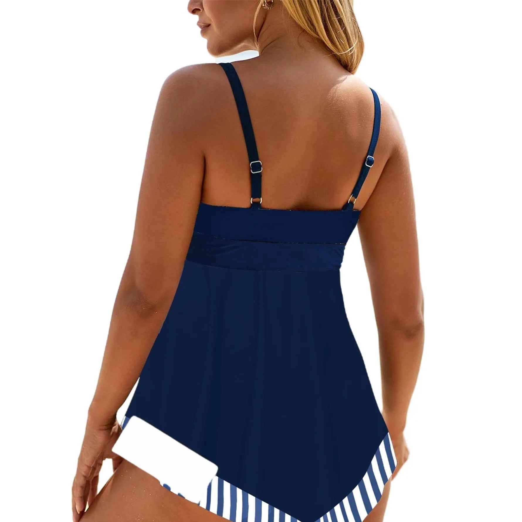 Plus size woman in a green two-piece backless bikini swimsuit for swimming.