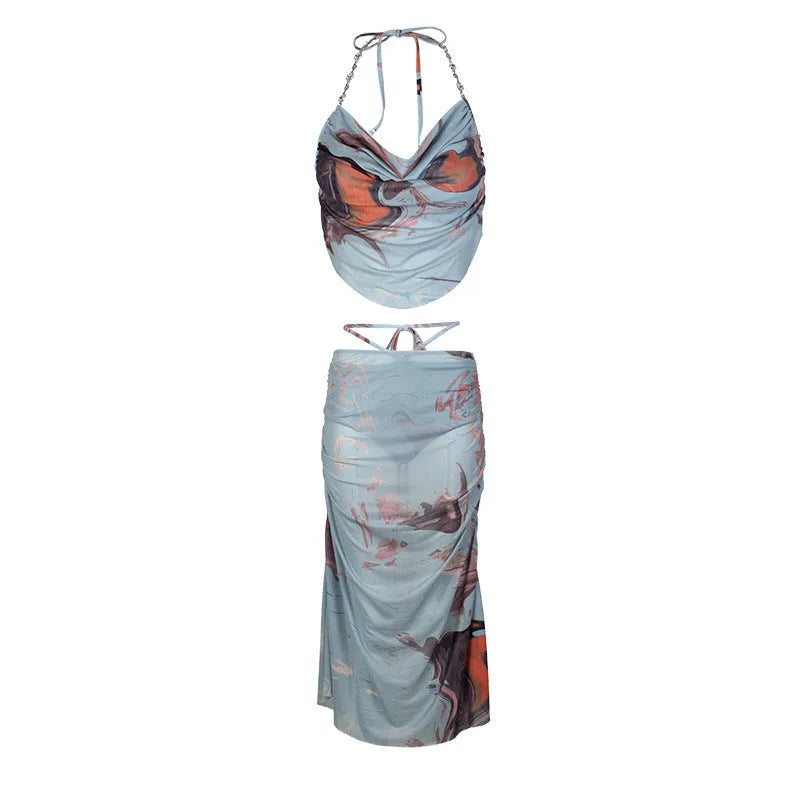 Blue three-piece bikini set with diamond chain split design, backless briefs style