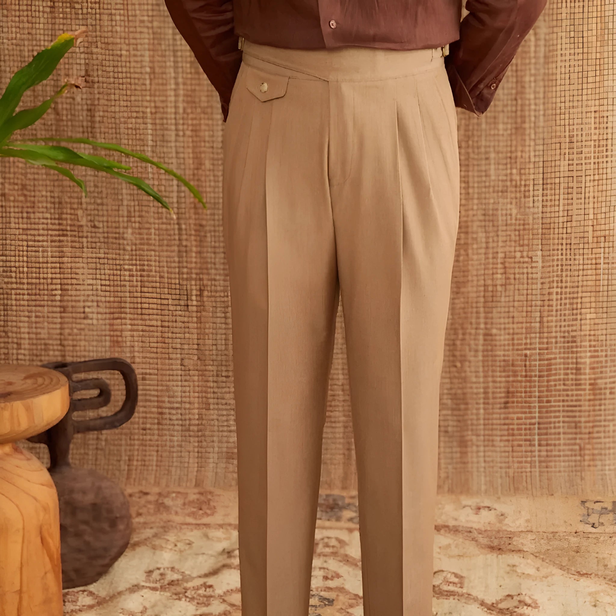 Men's slim fit straight leg business trousers in wrinkle-resistant polyester fabric.