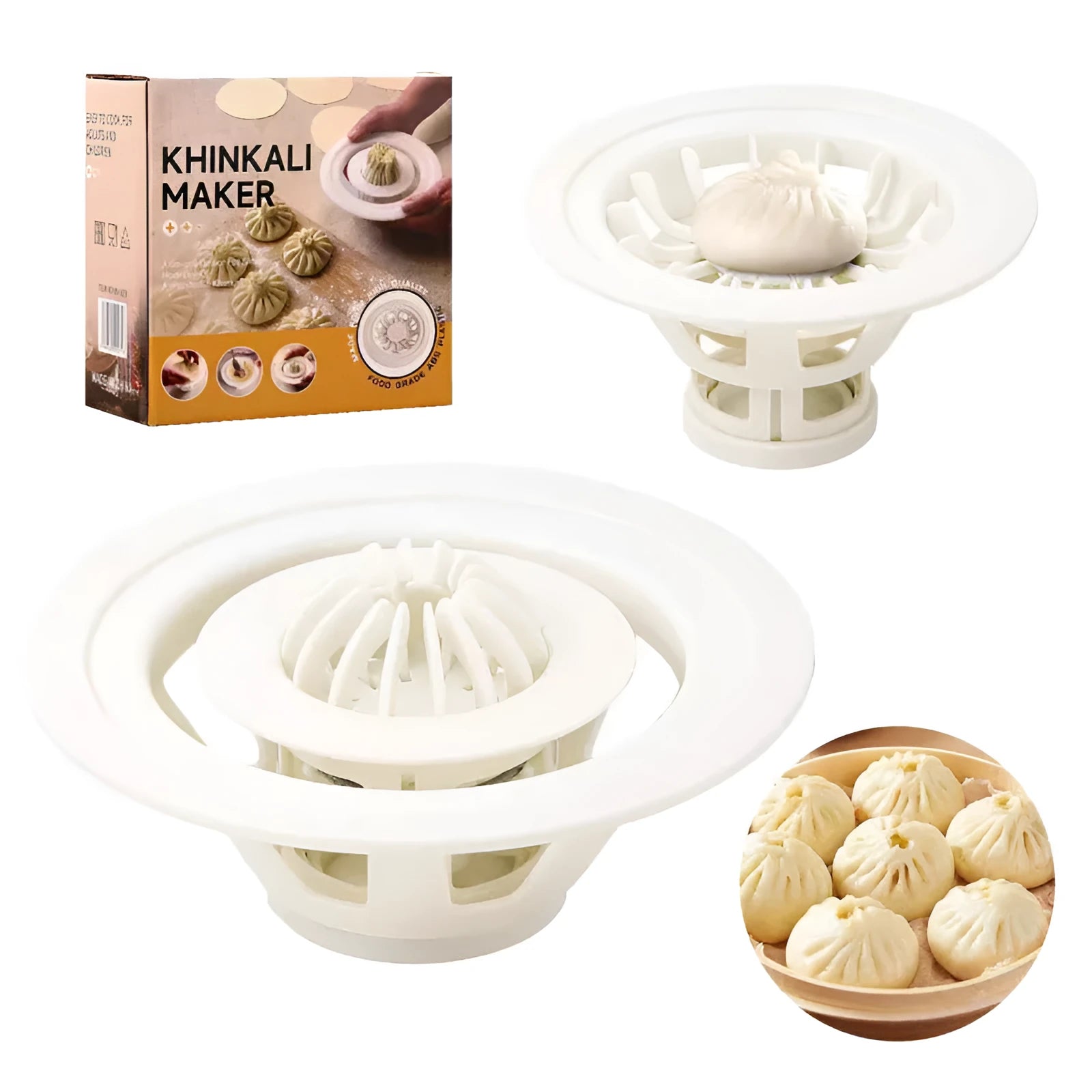 Set of four black plastic baozi and dumpling moulds for shaping steamed buns.