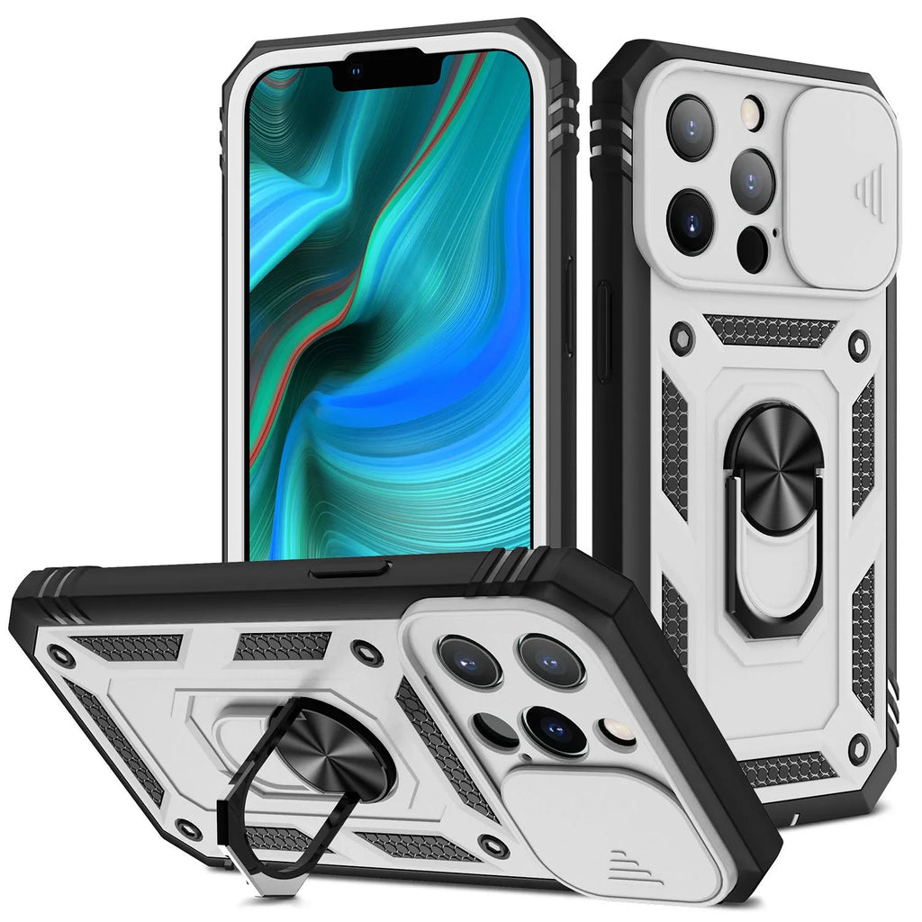 Magnetic phone case with sliding window bracket in sapphire blue and other colour options for iPhone.