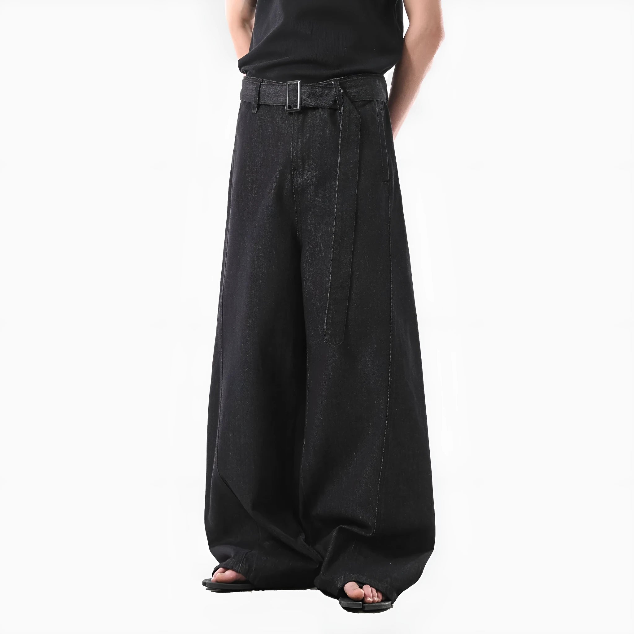 Women's retro black gold wash high waist straight leg cotton denim jeans on a hanger.