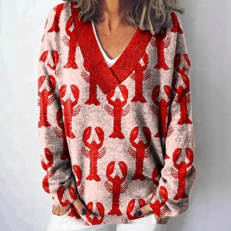Women's retro V-neck sweatshirt with a detailed 3D floral pattern print in a choice of colours.