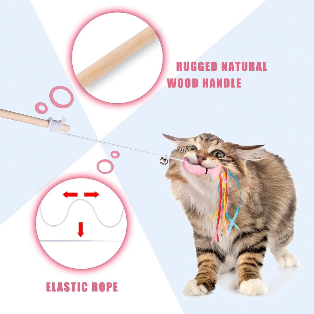 Cat wand toy with wooden handle, elastic rope, catnip fish, colourful ribbons, and bell