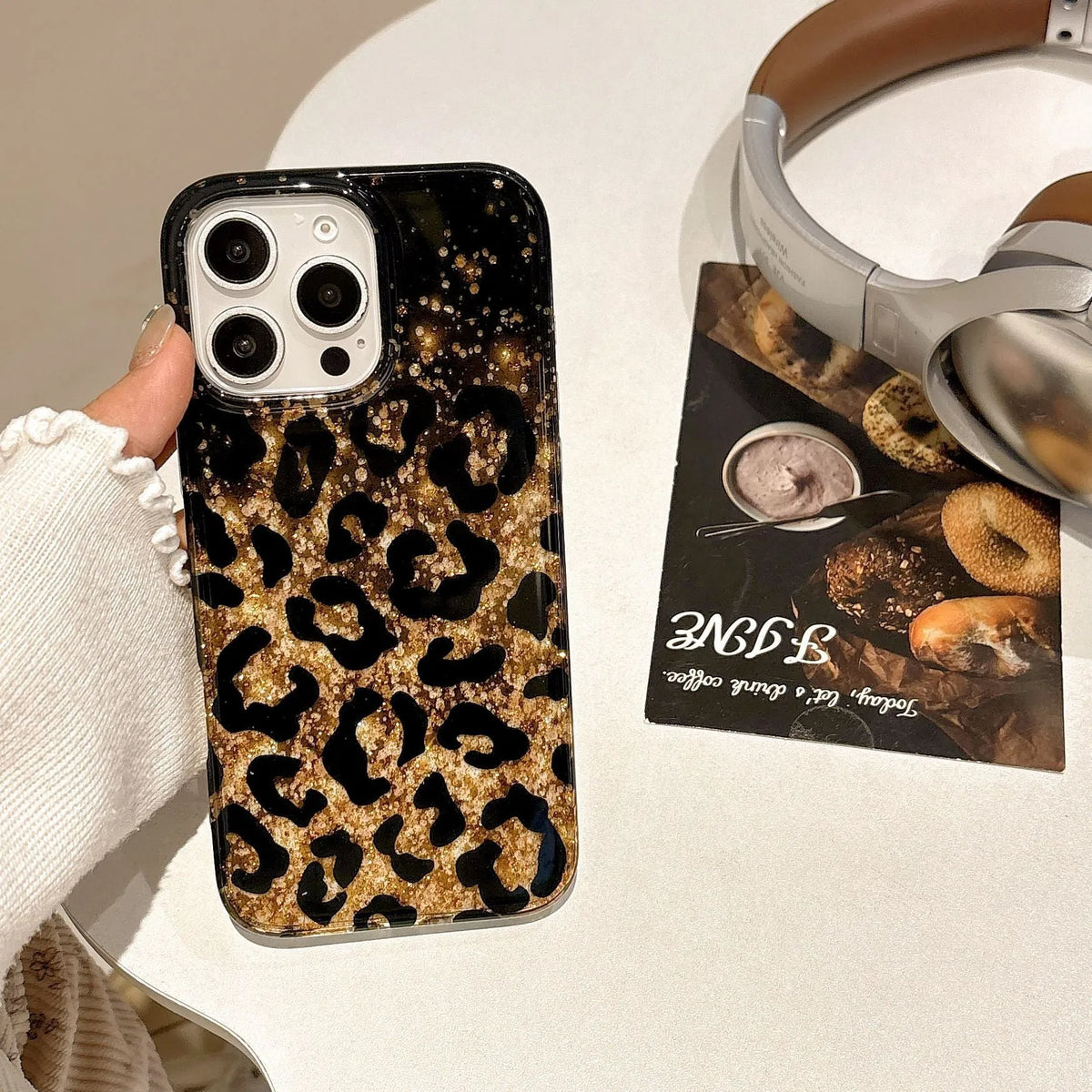 Black gold leopard print IMD phone case for iPhone 13 Pro Max, anti-fall design, personalised hot girl style