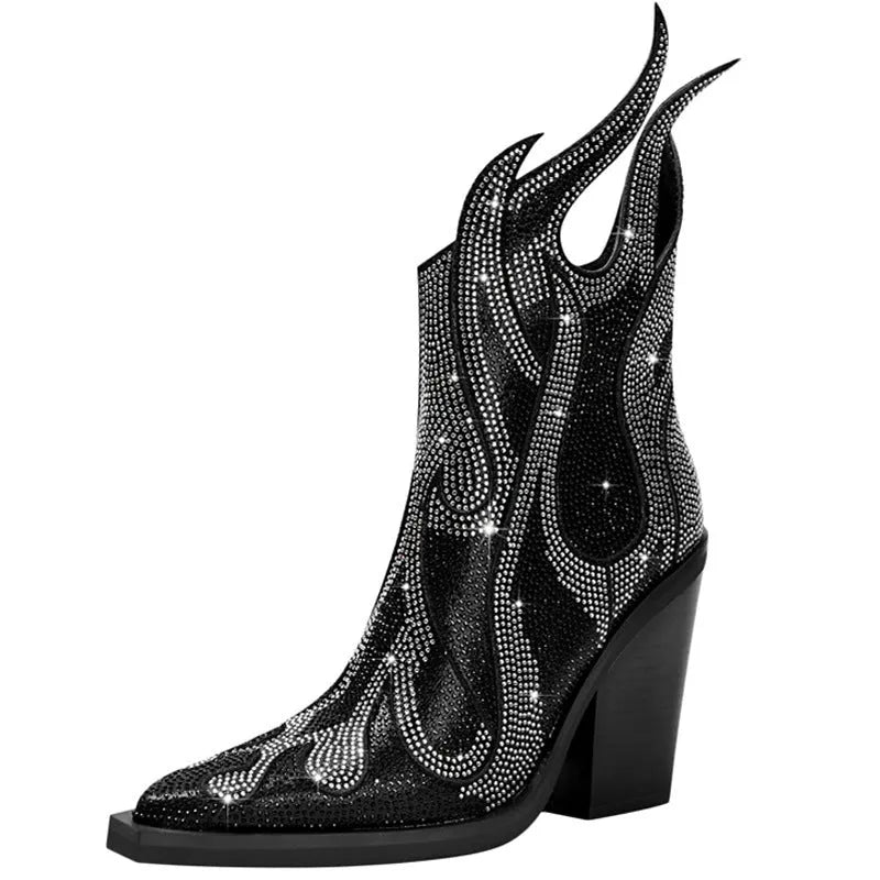 Women's square toe Martin boots with chunky heel, rhinestone flame design, and side zipper in multiple colours