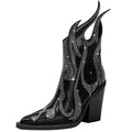 Women's square toe Martin boots with chunky heel, rhinestone flame design, and side zipper in multiple colours