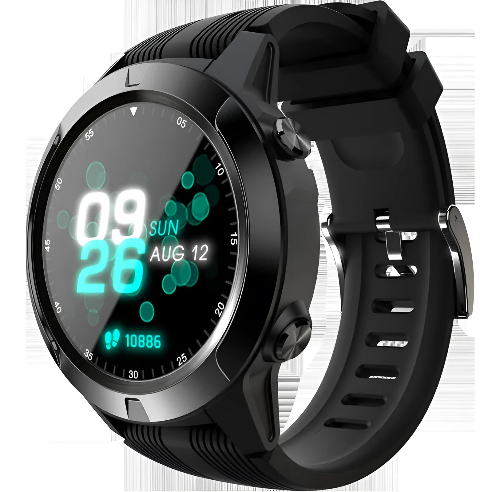 Black men's smart watch with Bluetooth calling and GPS exercise modes on a wrist