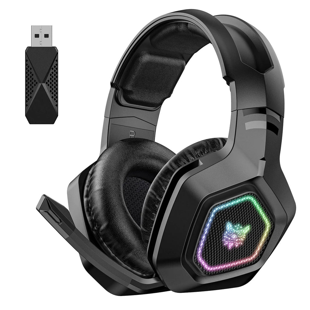 Black wireless gaming headset with RGB lighting on ear cups