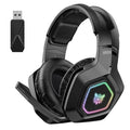 Black wireless gaming headset with RGB lighting on ear cups