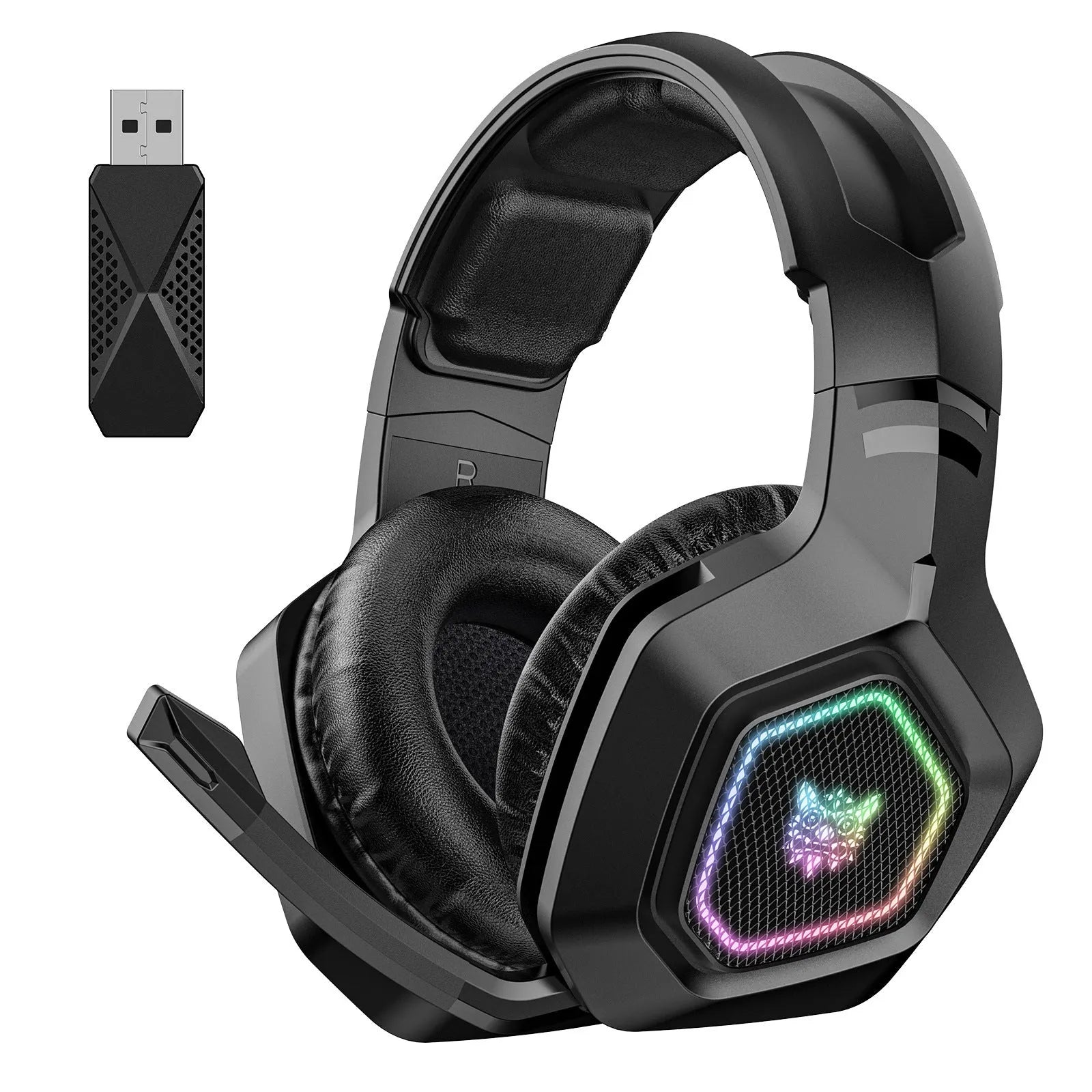 Black wireless gaming headset with RGB lighting on ear cups