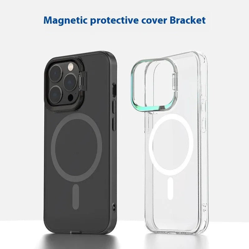 Metal invisible bracket phone case frosted magnetic protective cover for iPhone 12 to 15 series in black colour