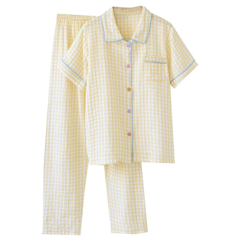 Women's washed cotton gauze short-sleeve top and loose trousers set in a floral or plaid print.