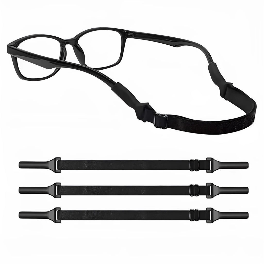 Black adjustable glasses retention cord with silicone earpieces for adult and children's eyewear