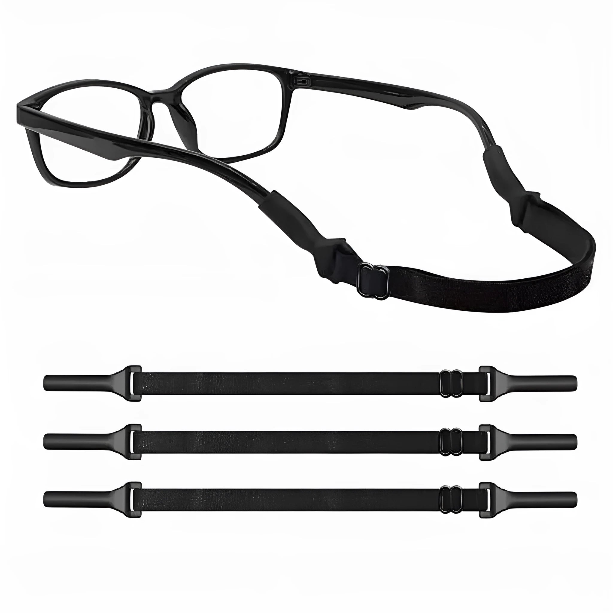 Black adjustable glasses retention cord with silicone earpieces for adult and children's eyewear