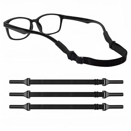 Black adjustable glasses retention cord with silicone earpieces for adult and children's eyewear