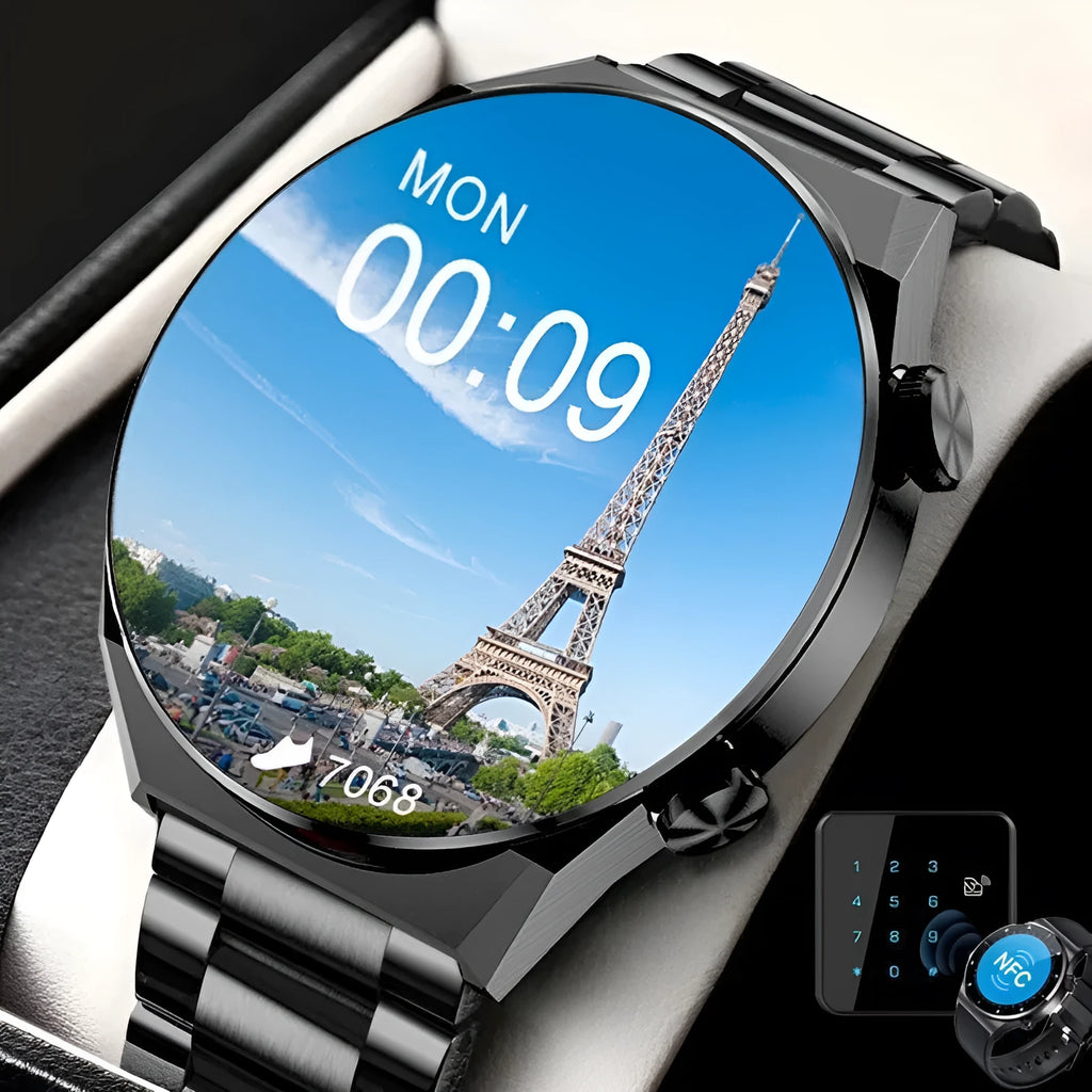 Black smartwatch with 46mm case and silicone strap on a wrist, showing heart rate tracking on screen