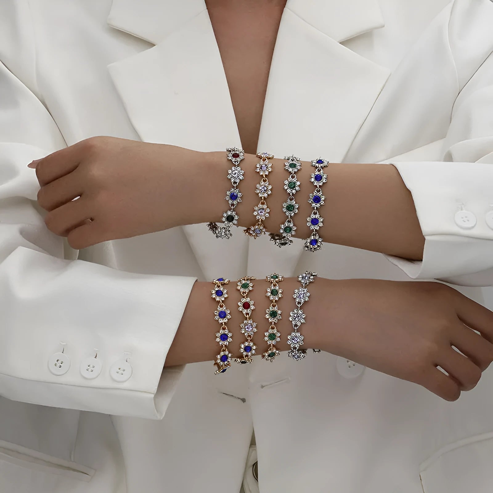 Flower-shaped zinc alloy bracelet with electroplated finish and decorative stone details