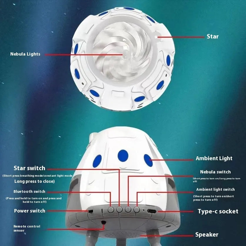 USB space capsule projector lamp showing starry galaxy projection effect with remote control
