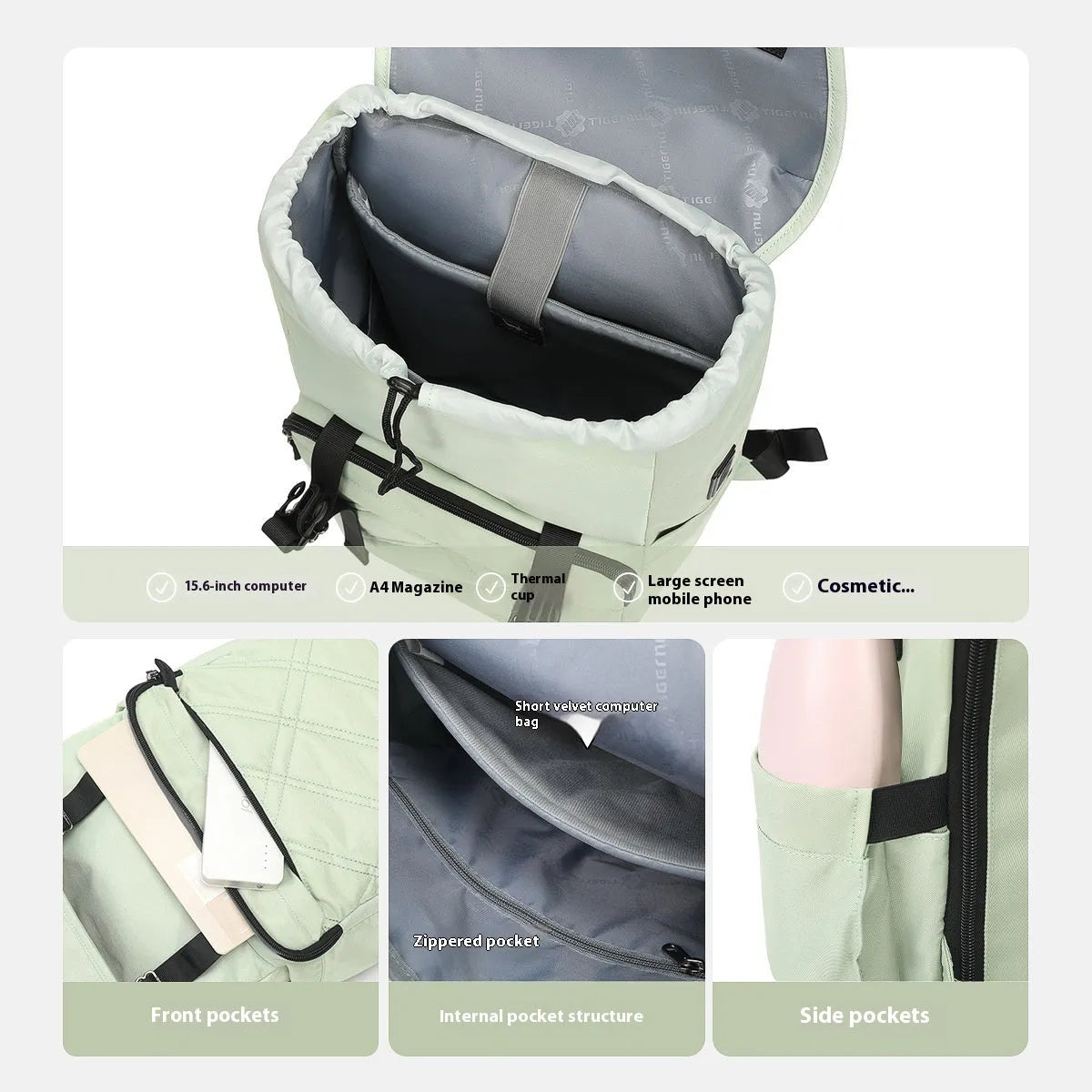Light green 15.6 inch lightweight nylon school travel backpack with external pocket