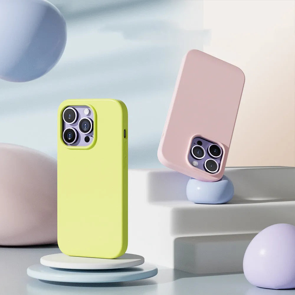 Liquid silicone magnetic phone case for iPhone 14 with Magsafe drop-proof protection in light blue colour