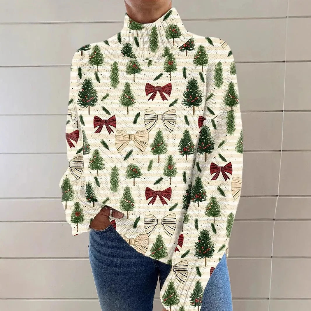 Women's loose-fit Christmas printed turtleneck sweater in a macaron colour with a festive painting design.