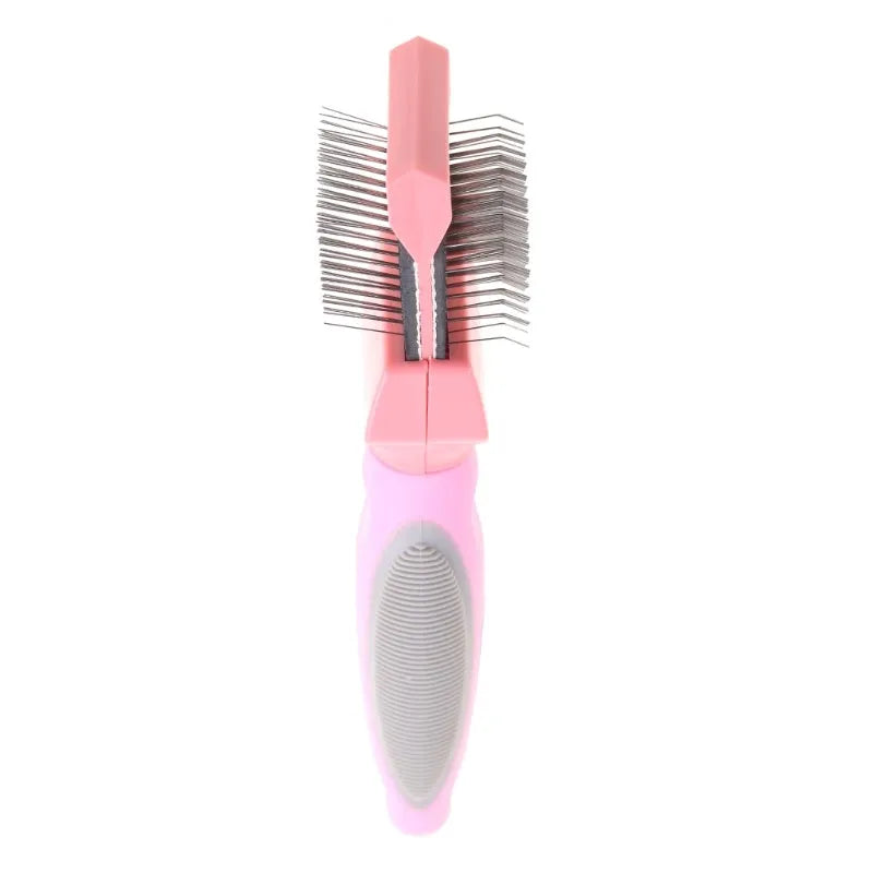 Double-sided blue pet grooming brush with stainless steel pins on one side and soft plastic bristles on the other.