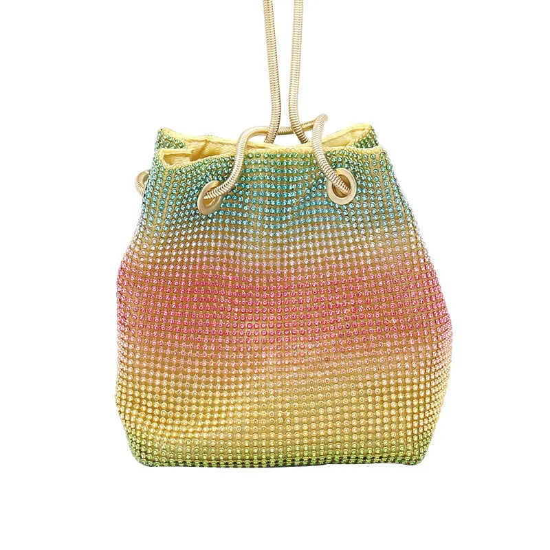Rainbow sparkle rhinestone fabric bucket bag with a soft texture