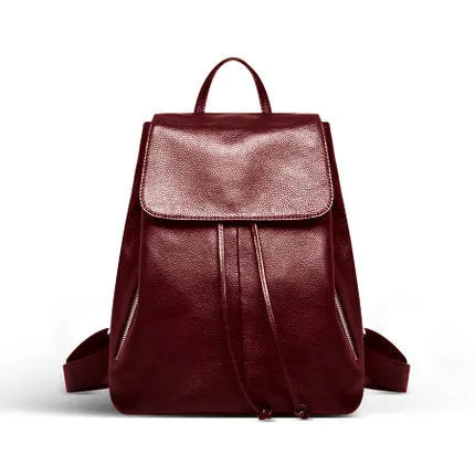 Black genuine leather women's backpack with Korean street trend design showing multiple compartments