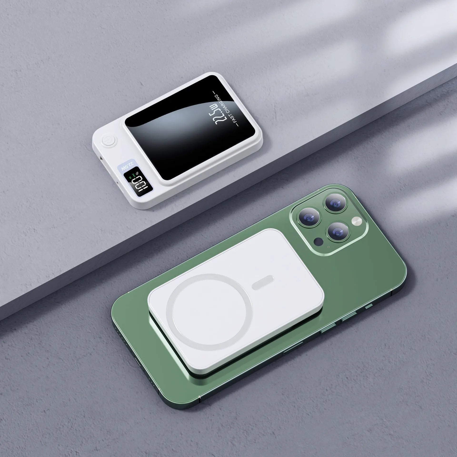 Wireless power bank in black, white, purple, or green with Magsafe charging surface.